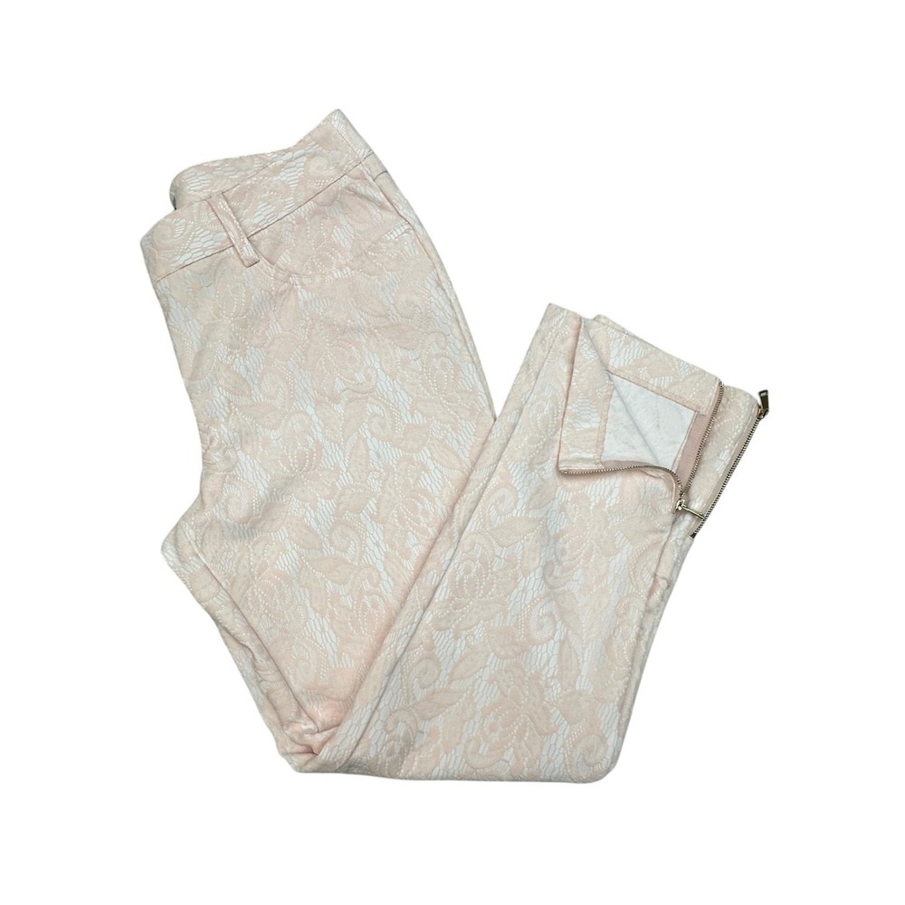 Caché Pants Womens 12 Pink Floral Lace Straight Leg Ankle Zip Lined Dressy